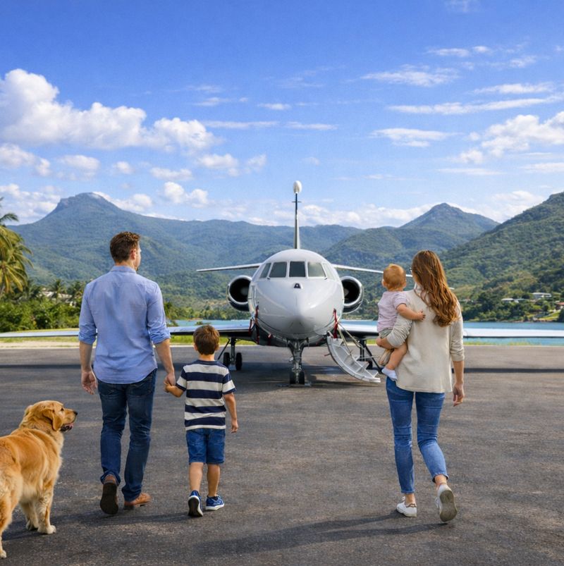 Family with dog walking to private charter jet on runway.