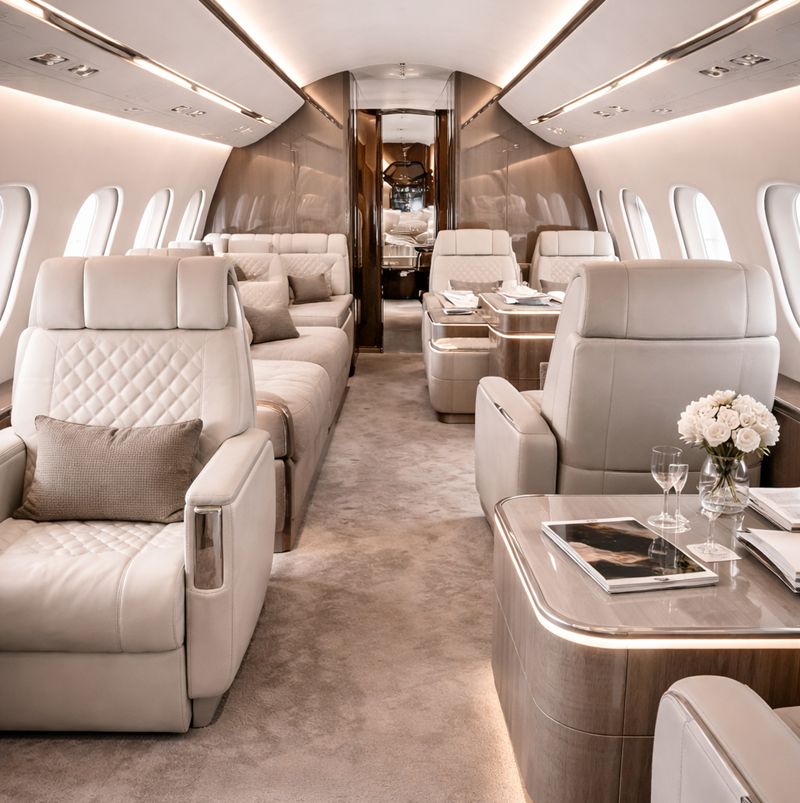 Beige and tan interior of a private jet